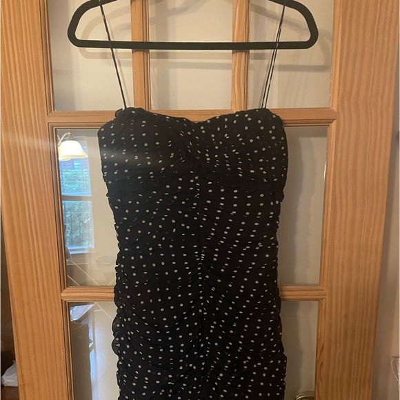 Timeless like new black and tan polka-dot silk chiffon midi cocktail dress! - Picture 2 of 6